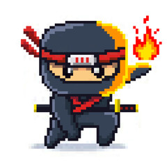 8 bit pixel Japanese Red Ninja Flame Elements Character vector Illustration