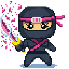 8 bit pixel Japanese Pink Ninja Katana Sakura petals Elements Character Vector Illustration