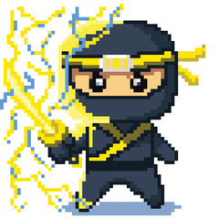 8 bit pixel Japanese Yellow Ninja Katana Lightning Thunder Elements Character Vector Illustration