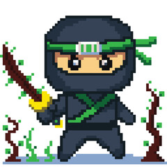 8 bit Pixel Japanese Green Ninja Katana Wooden Leaf Elements Character Vector Illustration