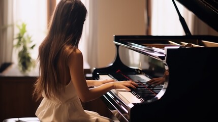 pianist player. Woman with classical musical instrument - obrazy, fototapety, plakaty