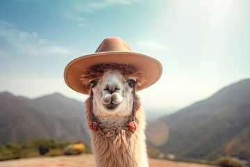 Fototapeta premium Portrait of a cute alpaca wearing hat