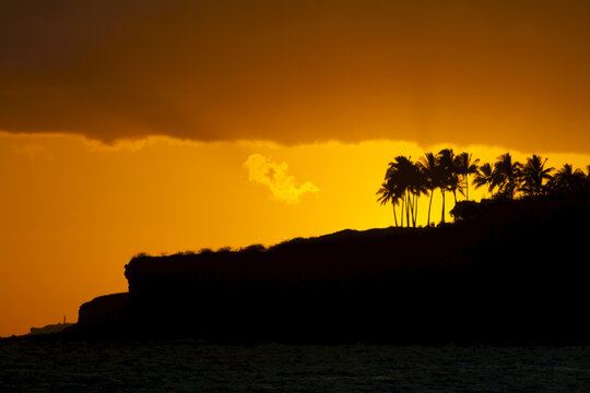 Hawaii, Lanai, Bright Orange Sunset And Silhouetted Palm Trees, View From Manele Bay.