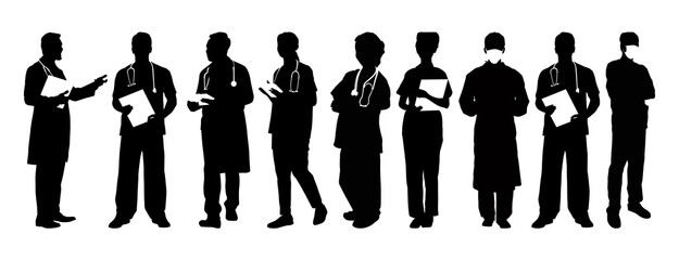 Set of doctor detailed silhouette isolated on white background. Vector Illustration