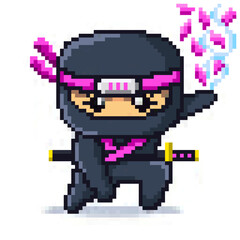 8 bit Pixel Japanese Pink Ninja Sakura Elements Character Vector Illustration