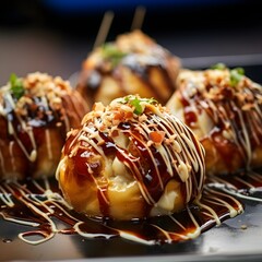 a plate of Takoyaki, a Japanese street food sensation, featuring crispy ball-shaped batter filled with tender octopus, drizzled with savory sauce, and adorned with tantalizing toppings, offering a cul - 647501099