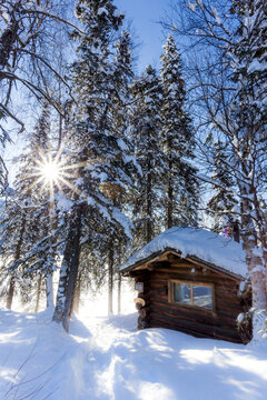 View Of A Public Use Log Cabin At Byers Lake In Fresh Snow Under A Sun Burst, Interior Alaska; Alaska, United States Of America