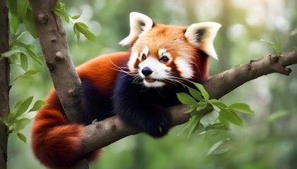 Beautiful Red panda lying on the tree with green leaves.