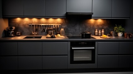 Luxury black kitchen with a stove top oven.
