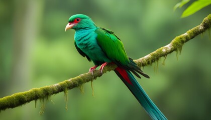 Obraz premium green winged macaw with green forest in background.