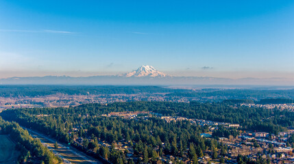Mount Rainier from above Lacey, Washington in December 