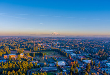 Mount Rainier at sunset from above Lacey, Washington in December 