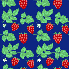 Raspberry. Berries, leaves and flowers on a blue background. Seamless pattern. Background for paper, cover, fabric, interior decor.