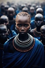 Tribe, Ancient tribe of men in native costumes and characteristic jewelry of their community.