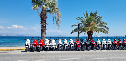 motorbikes scooter for rent beside sea for holidays and tourists