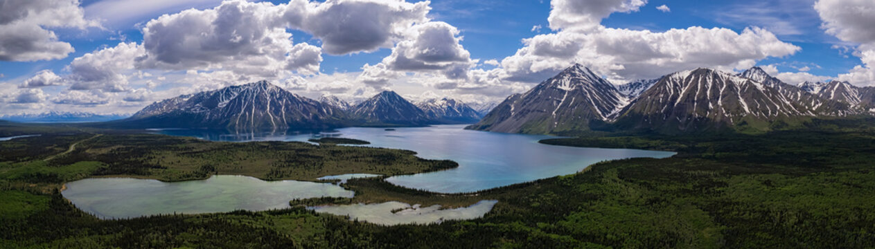 Spectacular aerial view of Kathleen Lake and the surrounding mountains on a beautiful, summer day near Haines Junction; Yukon, Canada