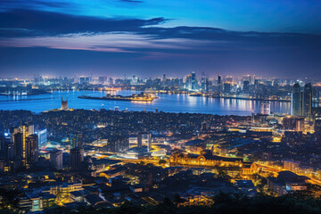 A stunning cityscape at night from a scenic hilltop viewpoint