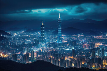 A cityscape at night from a picturesque hilltop viewpoint