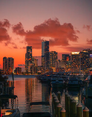 country skyline at sunset marina skyscrapers Brickell Miami 