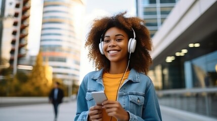 Black student girl wearing headset and using mobile smartphone while walking at college building outdoor, Modern education.