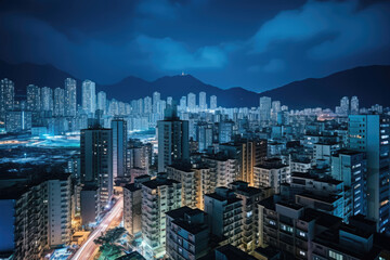 A cityscape at night with majestic mountains in the backdrop