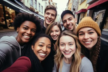 Obraz premium Group of Multi-ethnics college students friends at the downtown street. Photography of friendship in urban street in town background.