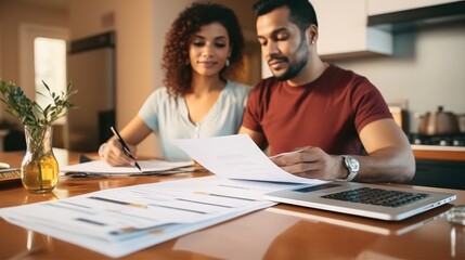 Couple are review with asset management at home, Bills and finance with taxes and mortgage, Financial documents, payment and loan with policy.