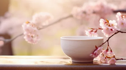 Tuinposter 桜の花と湯呑でゆっくり Cherry blossom and green tea. have a break © kyo