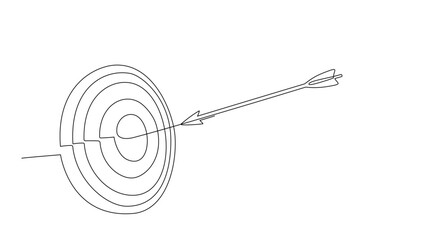 Continuous line drawing of target with flying arrow. Single line illustration of goal circle and arrow. Business strategy concept. Arrow in target bullseye pad. Archery sport exercise with target