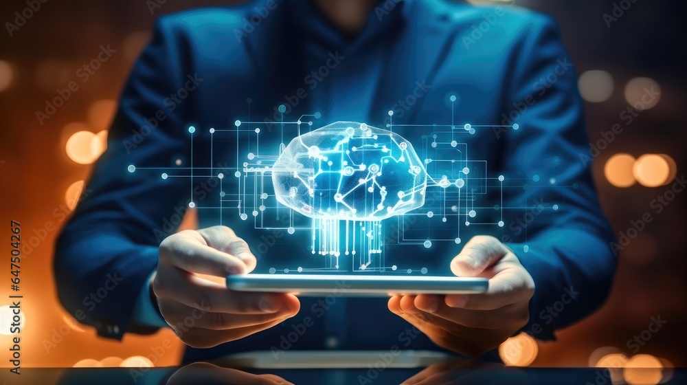 Poster digital data and internet computer social concept, hand using tablet and human brain head up display