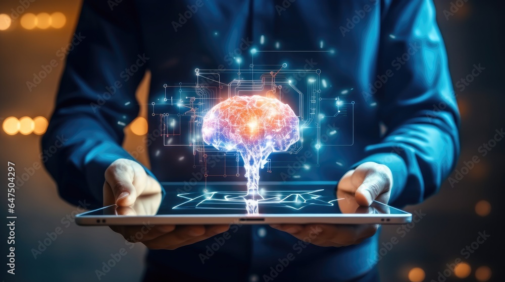 Poster Digital data and internet computer social concept, Hand using tablet and human brain head up display network technology for global communication background.