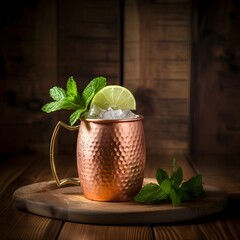 A classic Moscow Mule, served in a frosty copper mug, filled with a refreshing blend of ginger beer, vodka, and zesty lime, offering a chilled and crisp moment of relaxation. - 647504229