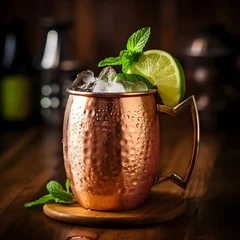 Fotobehang A classic Moscow Mule, served in a frosty copper mug, filled with a refreshing blend of ginger beer, vodka, and zesty lime, offering a chilled and crisp moment of relaxation. © BCFC
