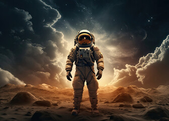 A man in a space suit standing in front of a planet