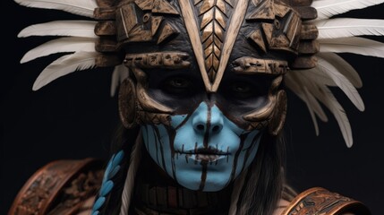 Portrait of grey aztec witch with mask. - obrazy, fototapety, plakaty