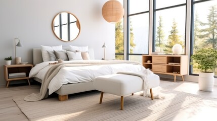 Beautiful minimal bedroom in modern house, White tone.