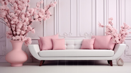 Fototapeta na wymiar Pink couch in luxurious living room.
