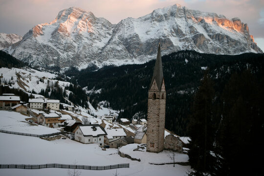 Twilight falls on the Ladin village of LaValle in the Dolomites; Wengen, Italy