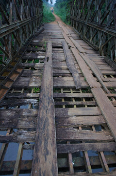 Dilapidated bridge leading to and from the gold mines in the Congo; Cinquante, Democratic Republic of the Congo