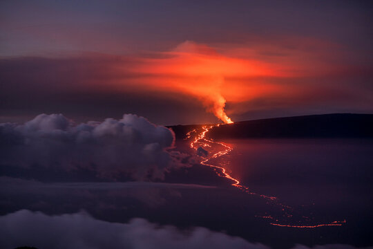 Spectacular view of the 2022 eruption and lava flow of Mauna Loa Volcano, Big Island of Hawaii, USA