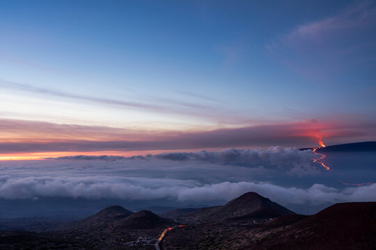 Spectacular view of the 2022 eruption and lava flow of Mauna Loa Volcano, Big Island of Hawaii, USA