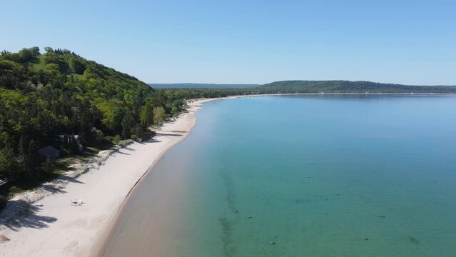 Lake Michigan shoreline in Sleeping Bear Bay with sandy beaches, aerial view