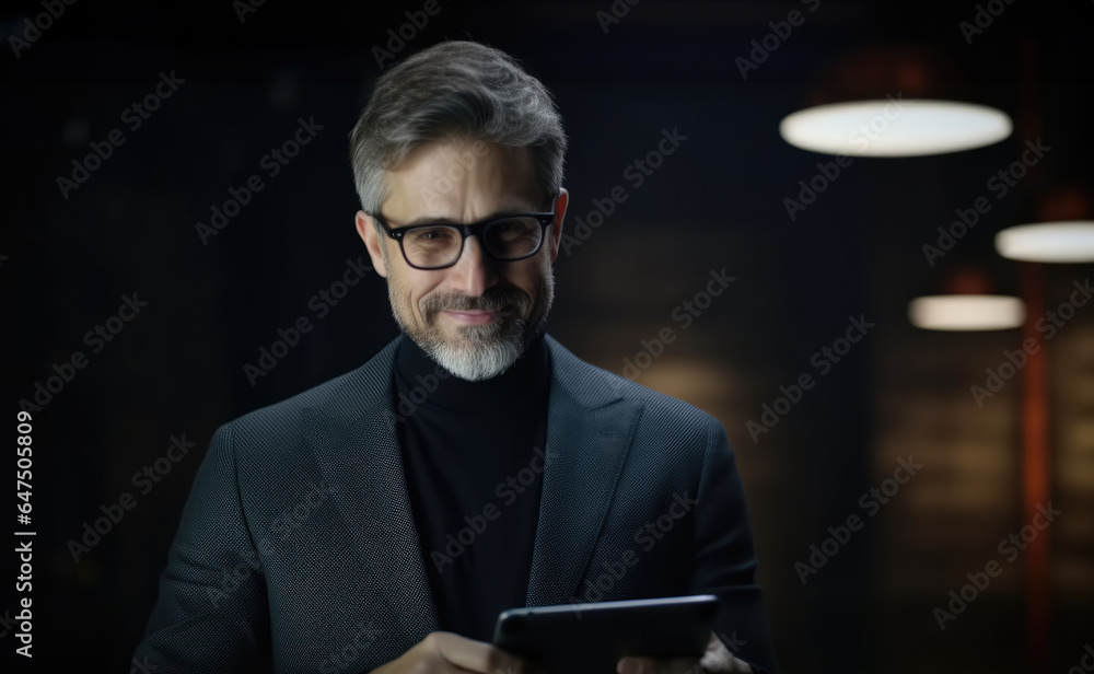 Aufkleber portrait of mature businessman using tablet computer on dark background.