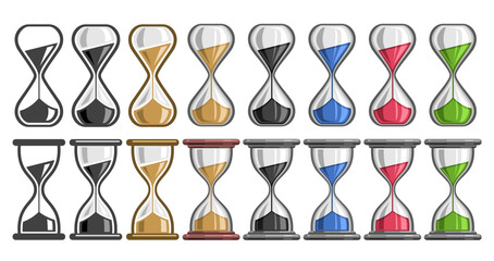 Vector Hourglass Set, decorative banner lot collection of 16 cut out illustrations of different colorful hourglasses, group of many contemporary clock symbols for time management on white background
