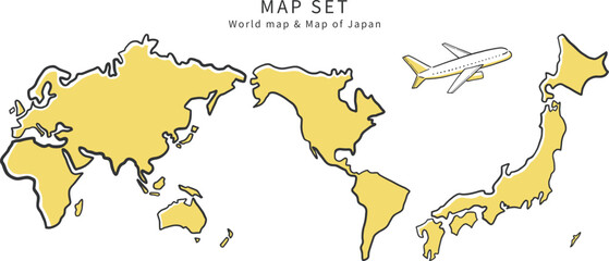 ラフな線で描かれた日本地図と世界地図のイラスト素材セット
