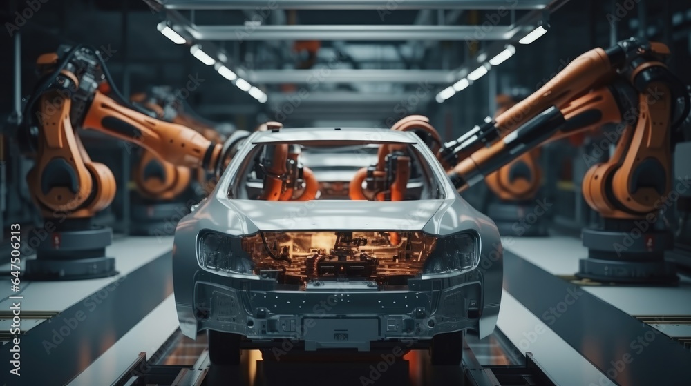 Poster industrial robots at the automatic car manufacturing factory assembly line.