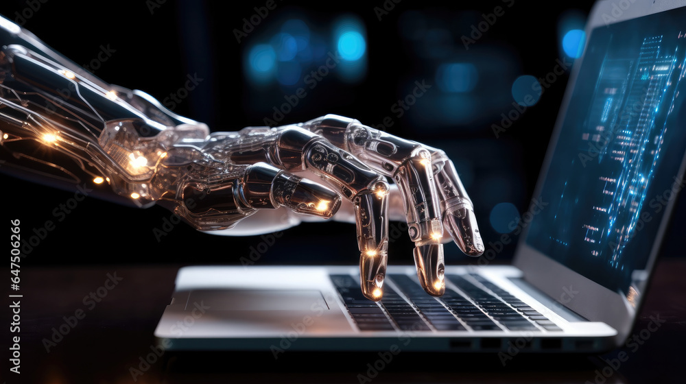 Poster Robot hands control the computer, Remote Access, Machine learning and Artificial Intelligence concept.