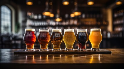 Variety in Brews: Glasses of Craft Beer Arranged on a Bar Counter