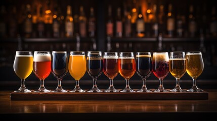 Variety in Brews: Glasses of Craft Beer Arranged on a Bar Counter