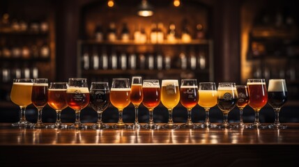 Variety in Brews: Glasses of Craft Beer Arranged on a Bar Counter